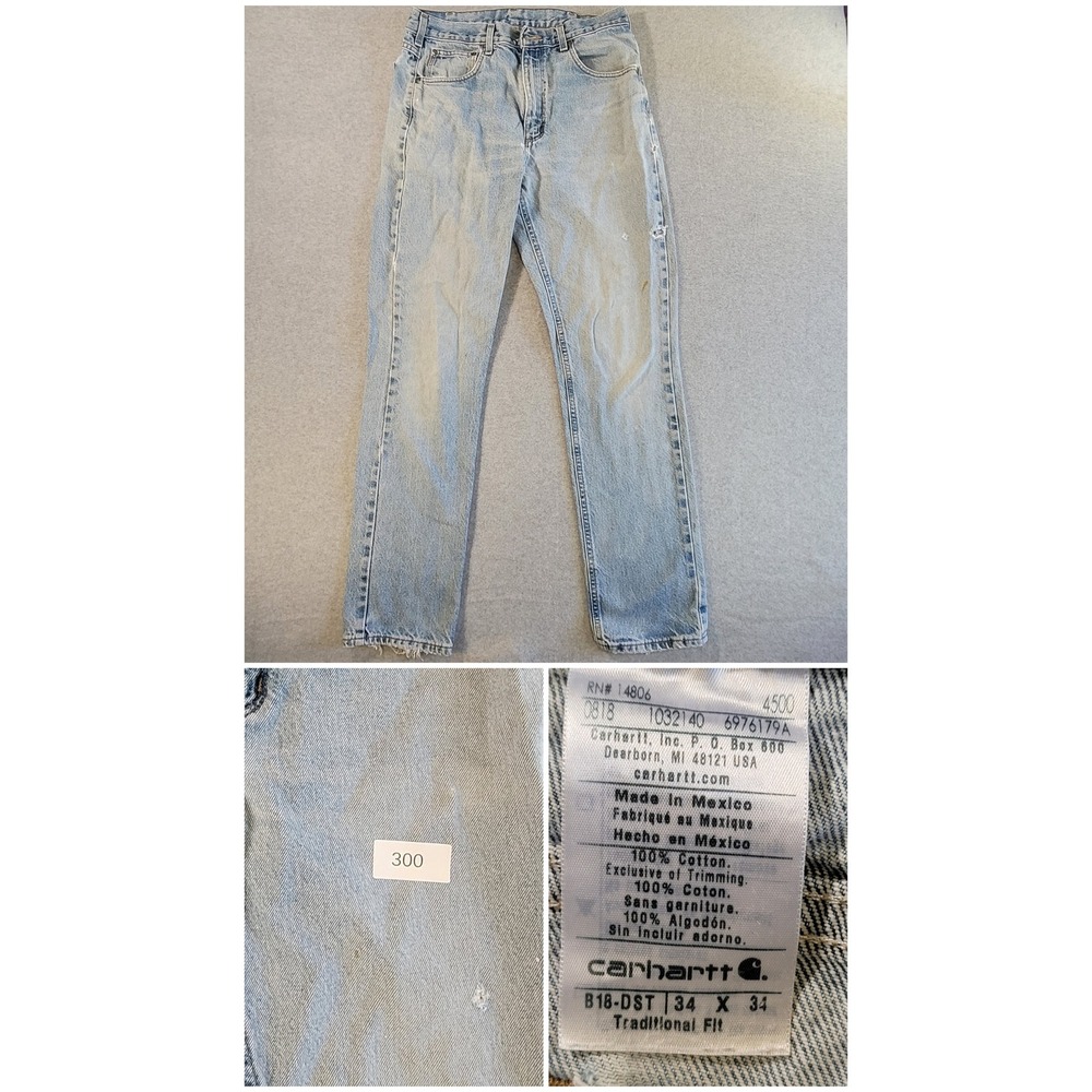 Carhartt Jeans Light Wash Denim Mens 34x34 Straight Leg distressed, thrashed